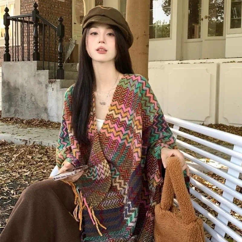 110*175cm Ethnic Style Travel Shawl - Thick Fringe Split Cape, Warm Winter Poncho for Women, Fashionable Outerwear
