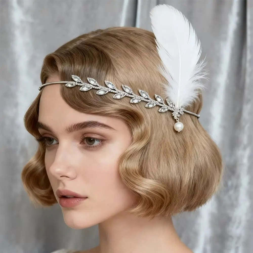 

New Retro Feather Hairband with Rhinestone Feather Shape Leaf Headwear Hair Band Versatile Accessory