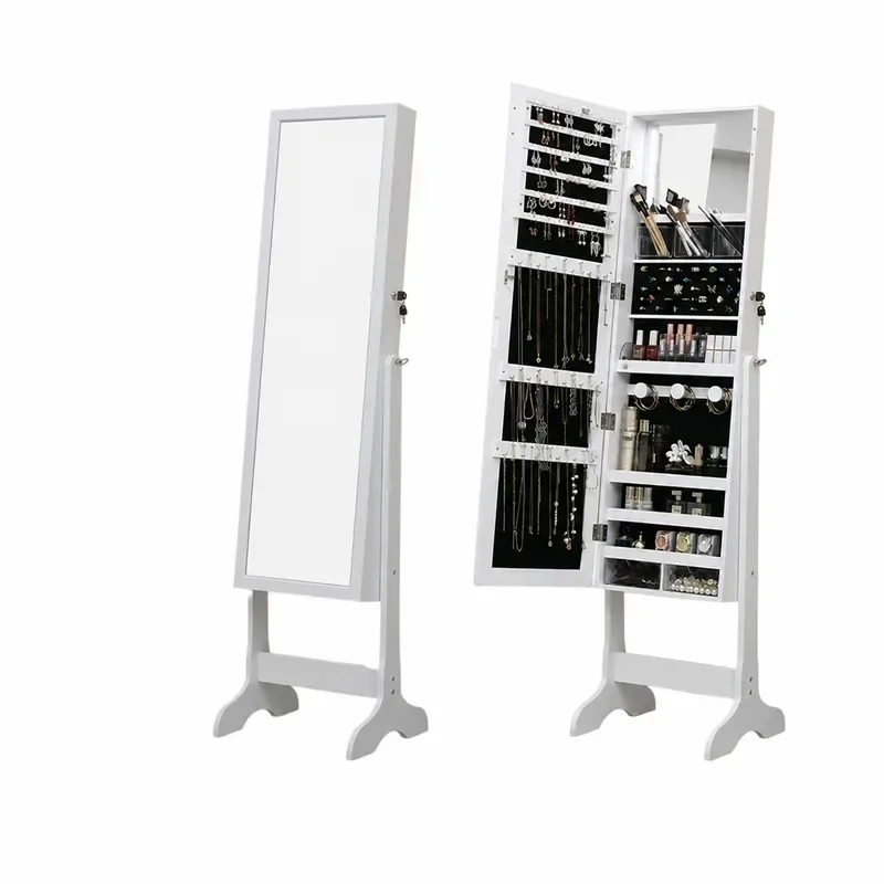 Full Body Standing Jewelry Cabinet with LED Light Touch Switch Multi Function Mirror Storage Organizer