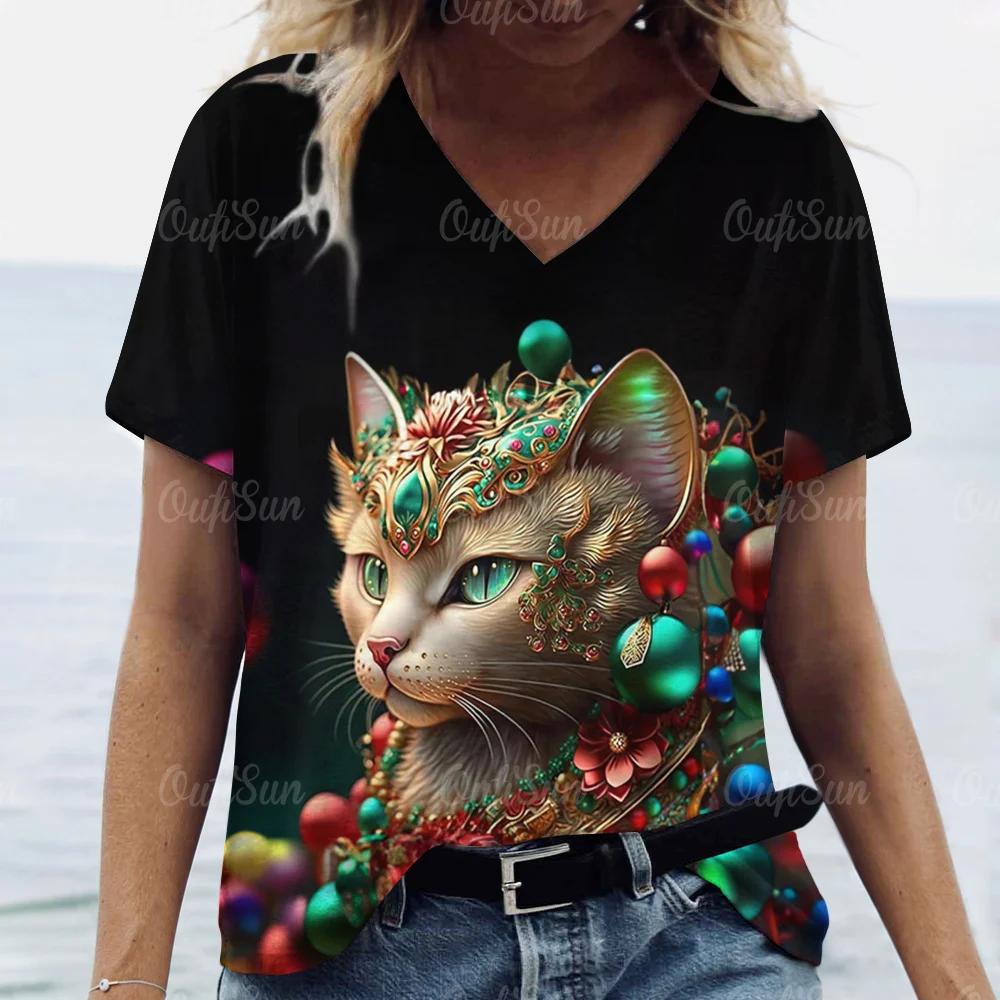 

Animal Shirt For Women 3d Cat Print Summer Casual Short Sleeve V-Neck Women's T-Shirts Overszied Clothing Cute Female Tops