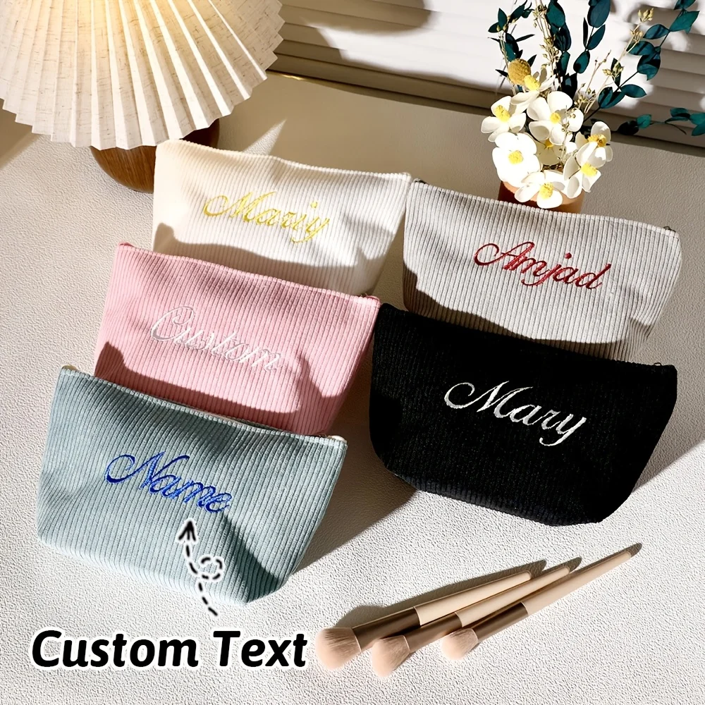 Corduroy Toiletry Bag with Customizable Name, Personalized Travel Makeup Pouch, Durable Zipper Closure, Large-capacity Stylish