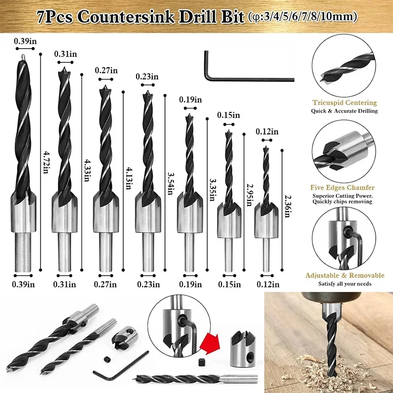 26Pcs Woodworking Kit and Accessories Including Countersink & Step Drill Bits Plug Cutter Center Punch L-Wrench