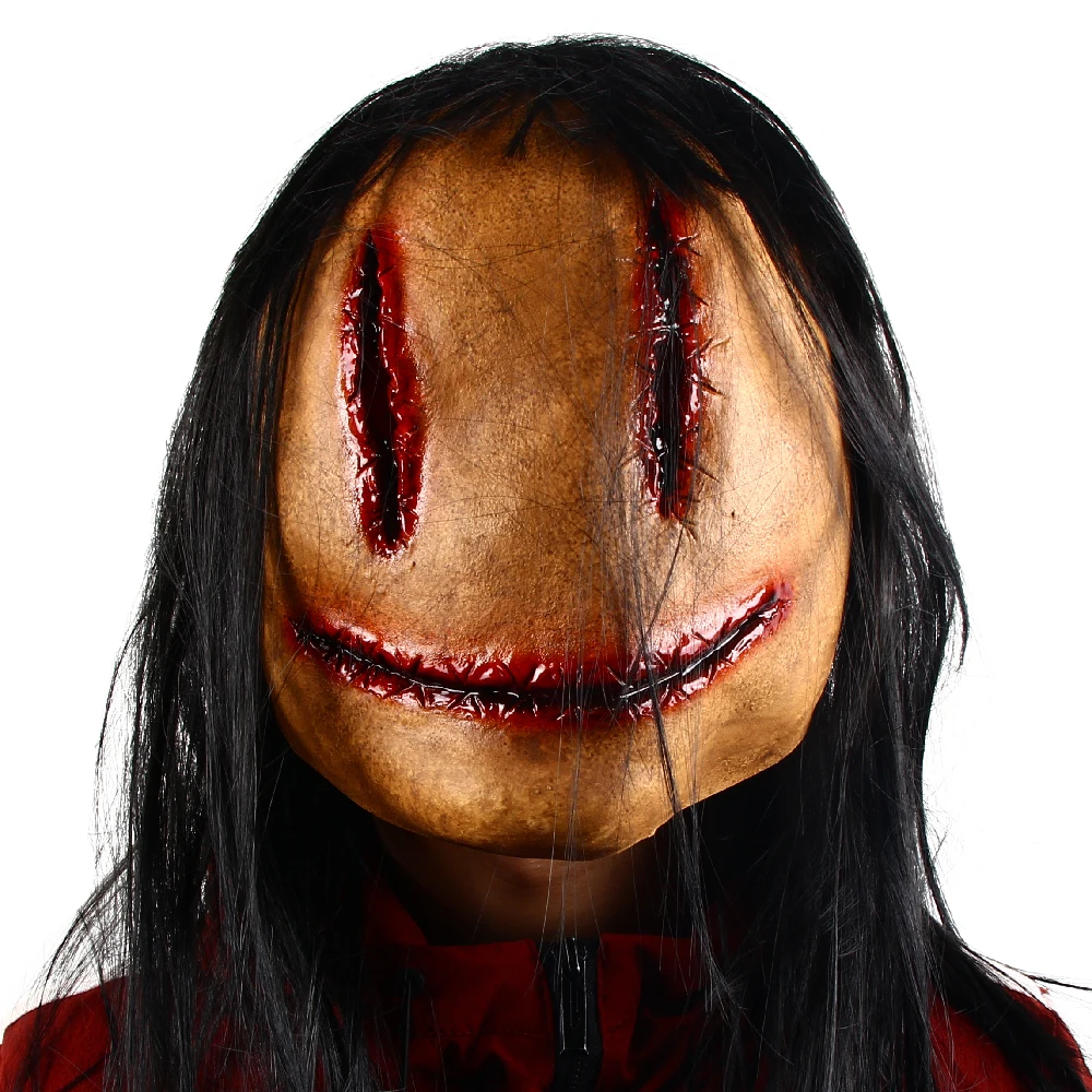 Halloween Horror Fancy Dress Party Mask Bloody lifelike Horror Smiley Cosplay Tricky Latex Pullover Mask With Hair Costume Props