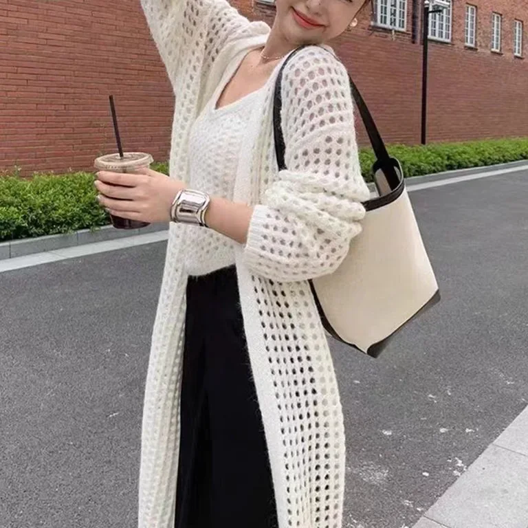 Korejepo Thin Gauze Mesh Two Piece Set Outer Layer Knitted Cardigan Women New Loose Hollow Mid Length Sweater Jacket Trend