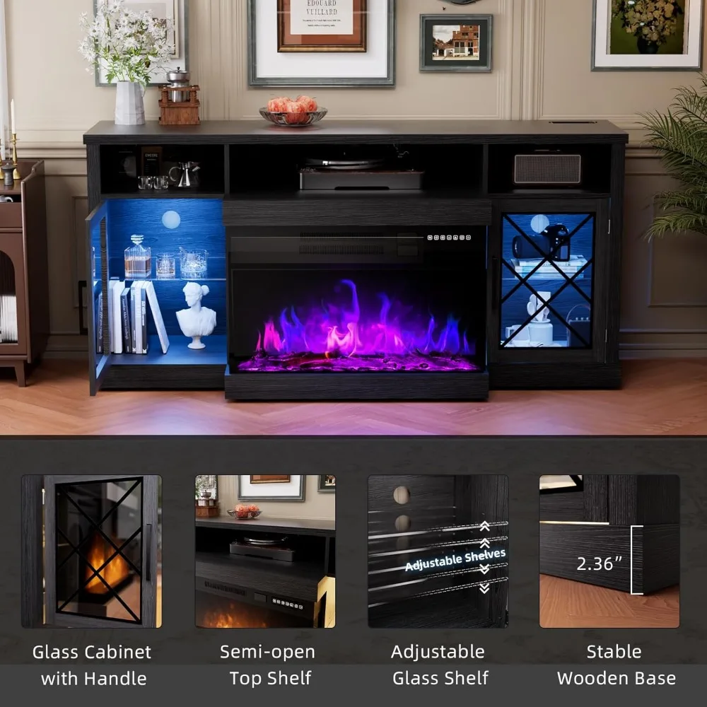 مركز ترفيه مدفأة زجاجية ثلاثية الجوانب مع مساحة تخزين وباب زجاجي لأجهزة التلفاز حتى 75 بوصة #6