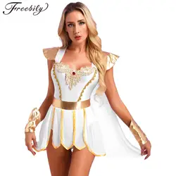 Womens Ancient Greek Roman Godness Empress Costume Cosplay Cape body Dress Toga con braccialetti per la festa a tema di Halloween