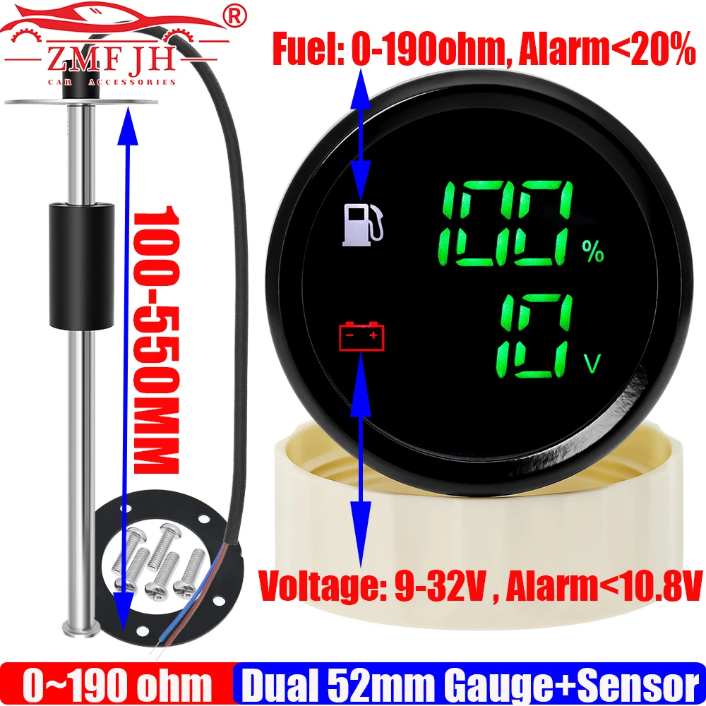 

Цифровой двухканальный датчик ZMFJH с зеленым LED-дисплеем, 52 мм, для измерения уровня топлива и напряжения с сигнализацией, 0-190 Ом, автоматический датчик уровня масла 100-550 мм (опционально)