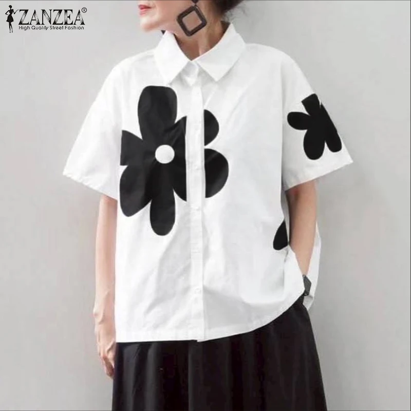 

ZANZEA Fashion Women Shirts Floral Print Blouse 2026 Summer Short Sleeve Lapel Collar Casual Korean Tunic Top Streetwear Blusas