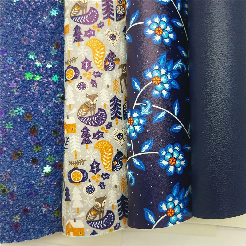 Blue Glitter leather Flowers Foxes Printed Synthetic Leather Vinyl Faux Leather Smooth Faux Fabric For Bows DIY 21x29CM Q382