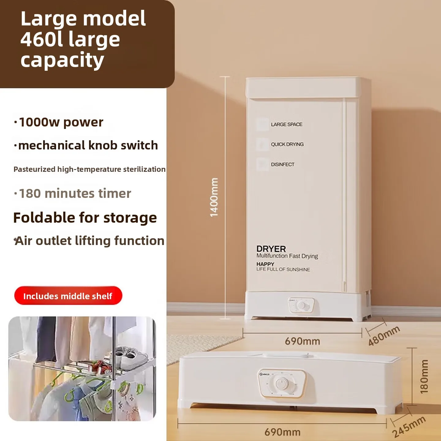 Foldable Clothes Dryer 1000W Wardrobe 180 Min Timer Double Layer Rack for Home Apartment Laundry Garment Drying Use 의류 건조기