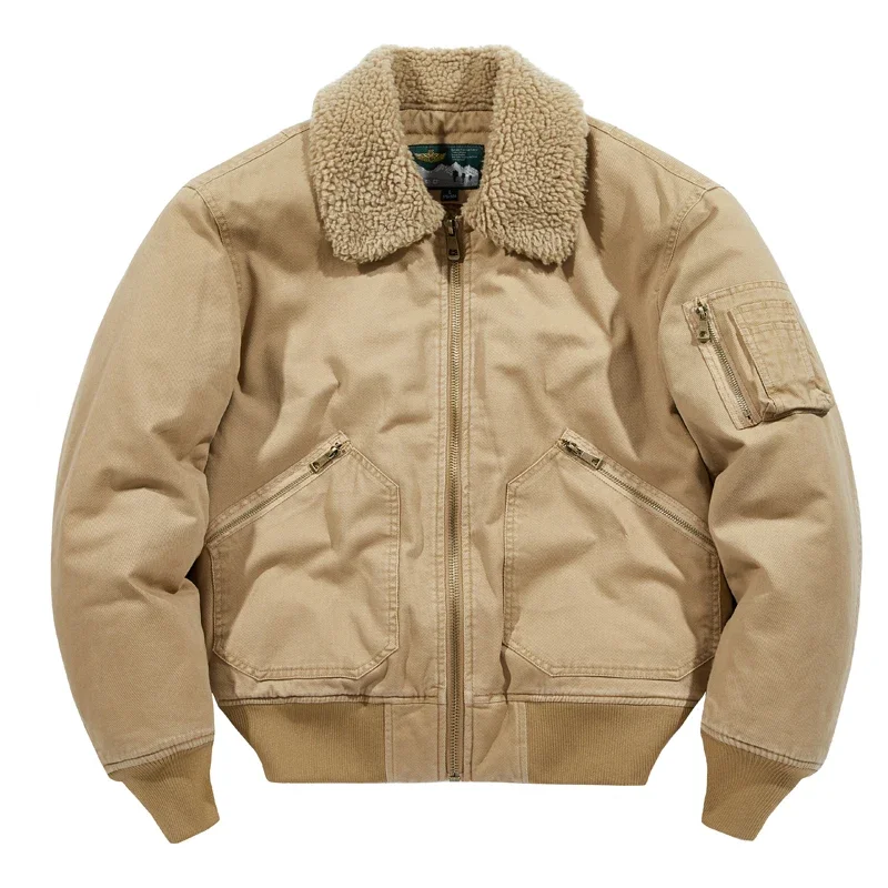 Men Winter Pilot Jacket Men's Lambskin Cotton Jacket Men Lapel Workwear Jacket Thick Fleece and Warm Windproof Fashion Jacket