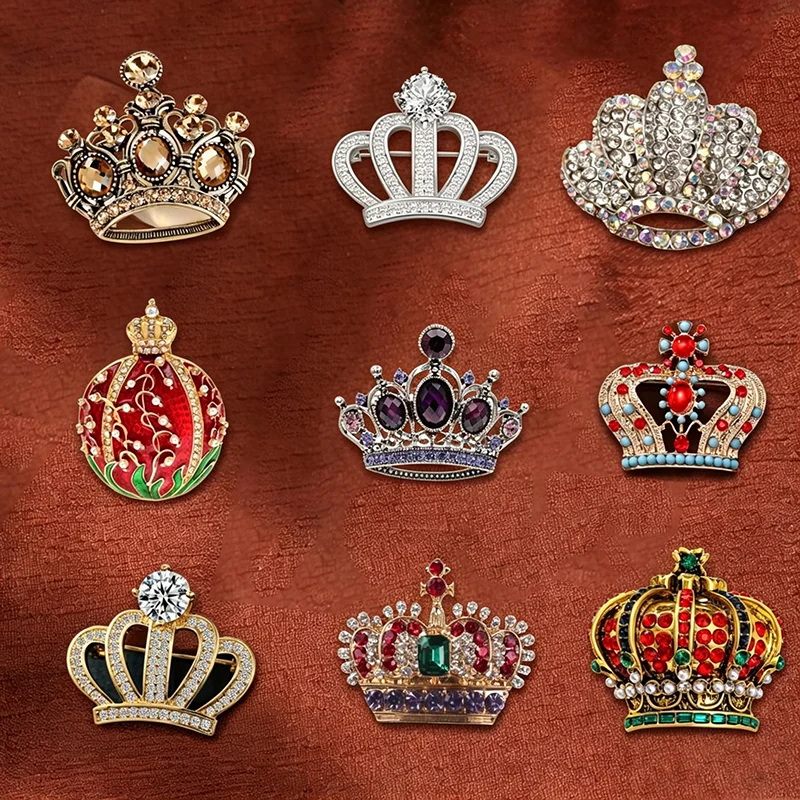 Vintage Crystal Crown Brooch Luxury Rhinestone Queen Crown Pins for Women Wedding Dress Jewelry
