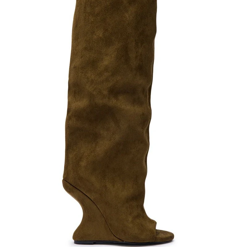 Women's Suede Wedge Heel Knee-High Boots Unique Sculpted Heel with Open Toe Edgy Statement Footwear for Street Style and Avant