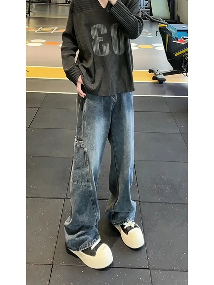 

Deep Blue Men's Denim Jeans with Large Pockets Straight Leg Washed Casual Trousers for Autumn Winter High Street Style