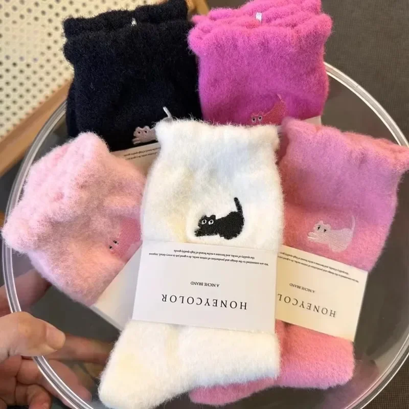 3Pairs Premium Feel Cute Cat Mink Velvet Socks Autumn Winter Hosiery Thickened Plush Warm Sleep Home Fluffy Socks