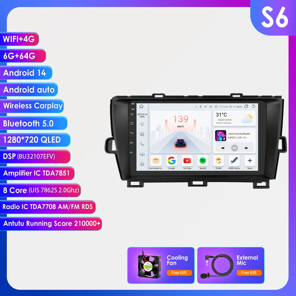 Hizpo 8-Core Smart Autosysteem voor Toyota Prius 3 2009 - 2015 Intelligente Multimedia Speler Android 14 Draadloze Carplay Auto AI Spraakbesturing