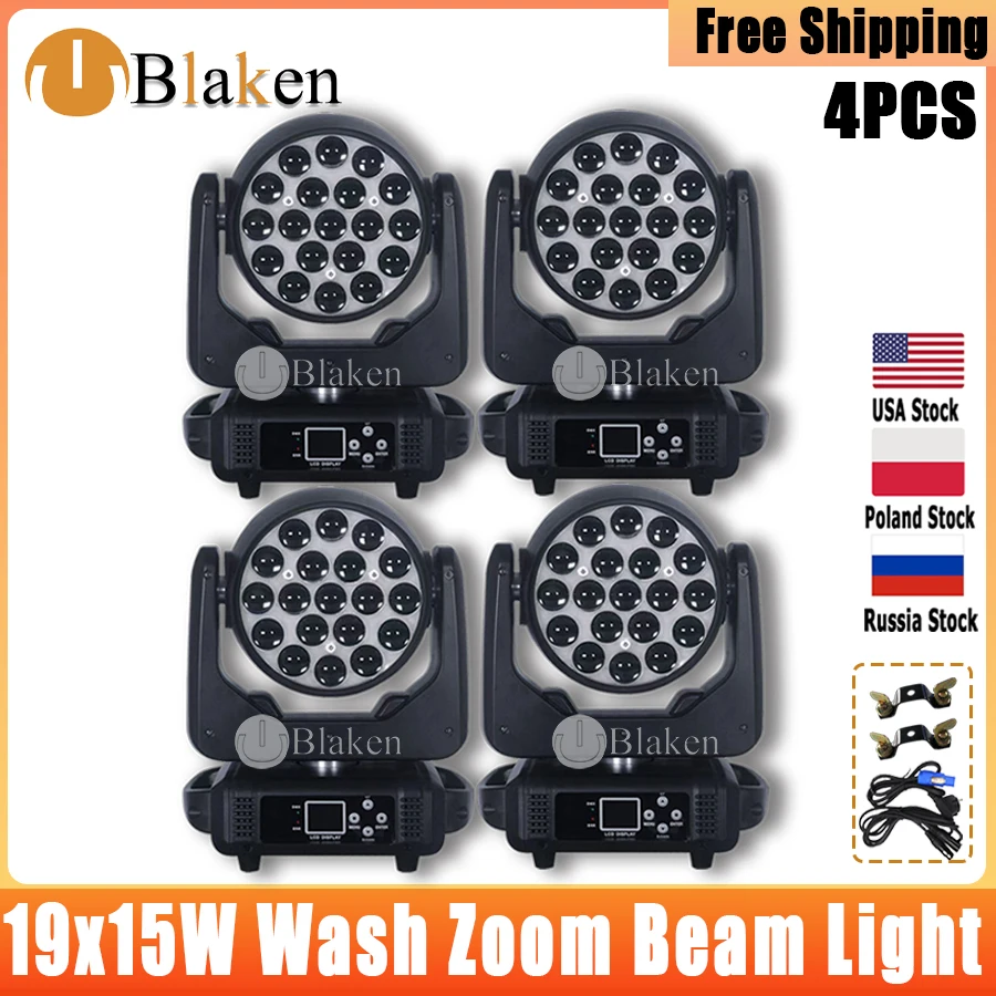 

0 Tax 4Pcs 19x15W Led Moving Head RGBW Beam Wash Zoom Moving Head Light DJ Stage Light Equipment Concert TV Studio