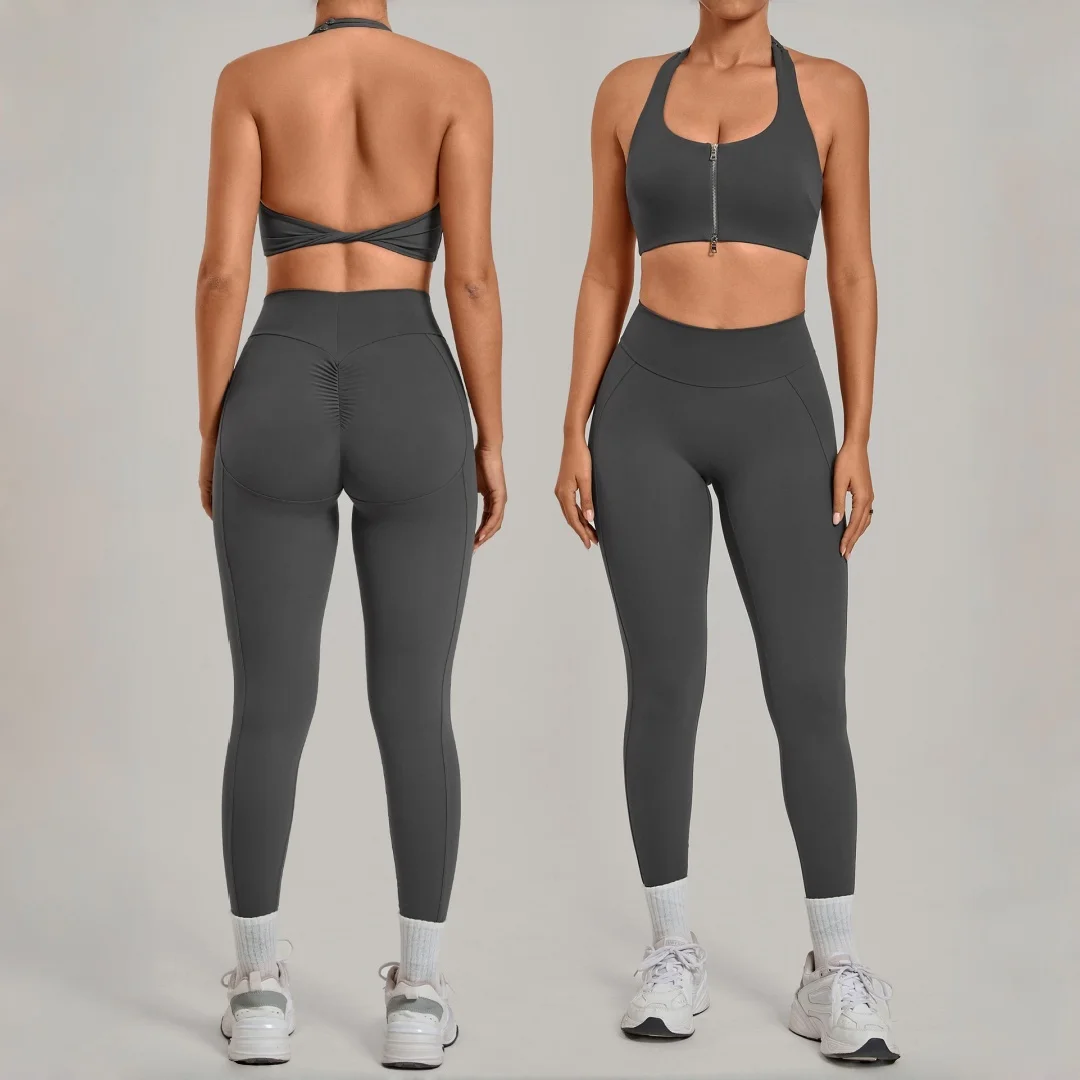 

Новый женский комплект для йоги: облегающий, с эффектом подтяжки бедер, с красивой молнией на спине, спортивный костюм для фитнеса, повседневный комплект для бега, тренировок и йоги