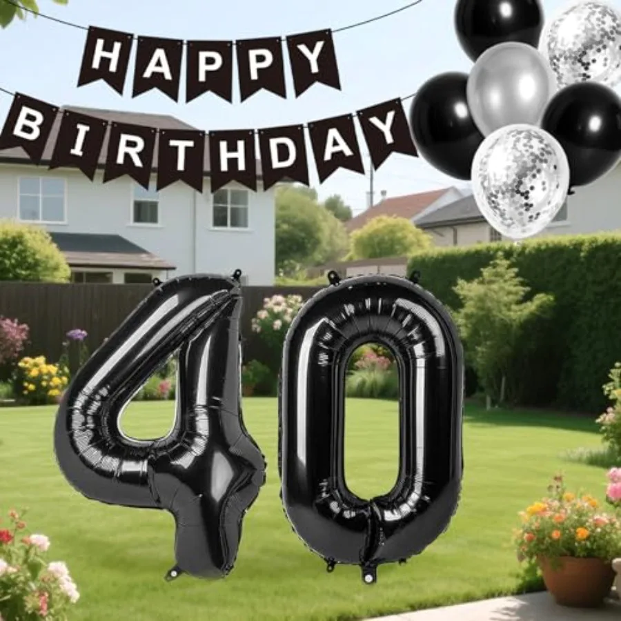 40th زينة عيد الميلاد للرجال النساء أسود فضي 40th عيد ميلاد راية بالونات الدوامات لوازم الحفلات 40 سنة عيد ميلاد P