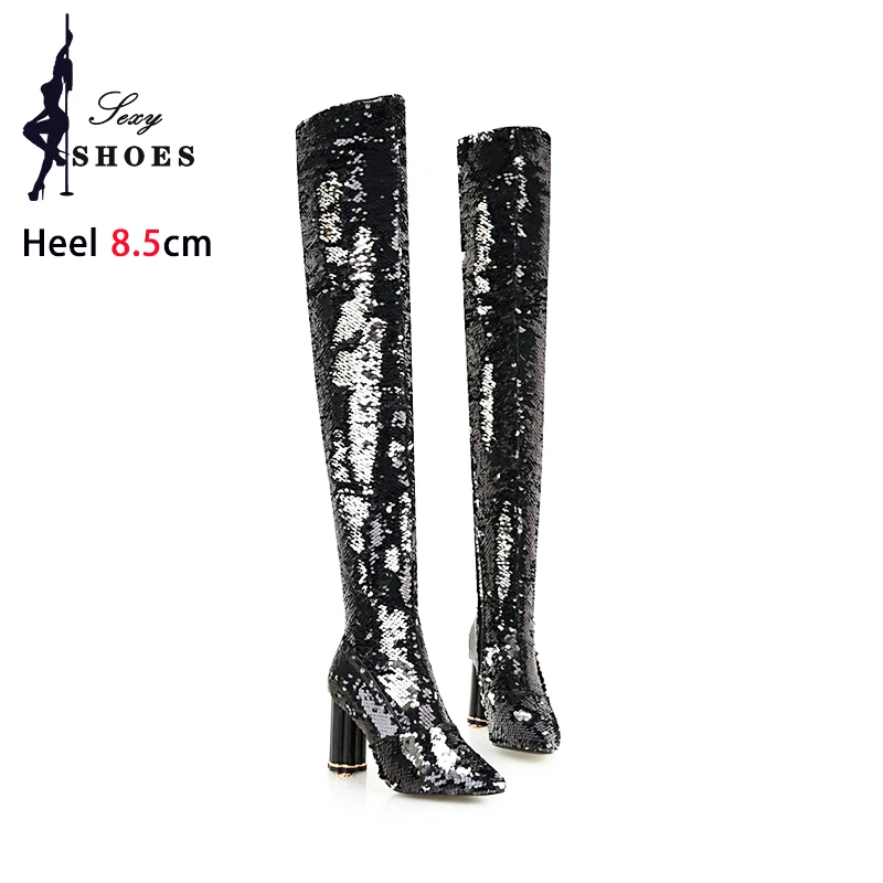 Pointed Toe Over the Knee Boots Women Crystal High Heels Winter Long Tube Booties Nightclub Female Shoes Bling Thigh High Boots