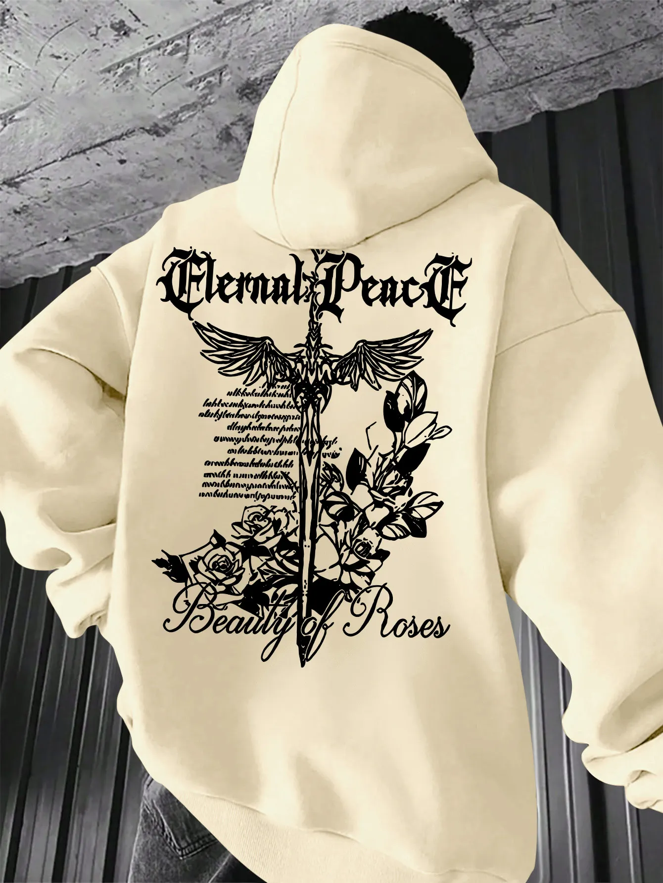 Men's winter and autumn sportswear hooded pullover with Gothic sword, wing and rose pattern print. Loose and casual streetwear.