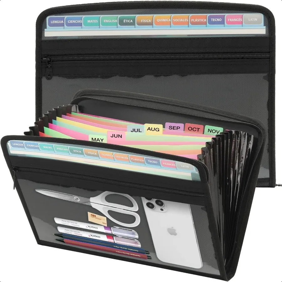 

13 Pocket Expanding File Folder Zippered Accordion File Organizer with Front Clear Pounch Expandable Filing Folders for Documen