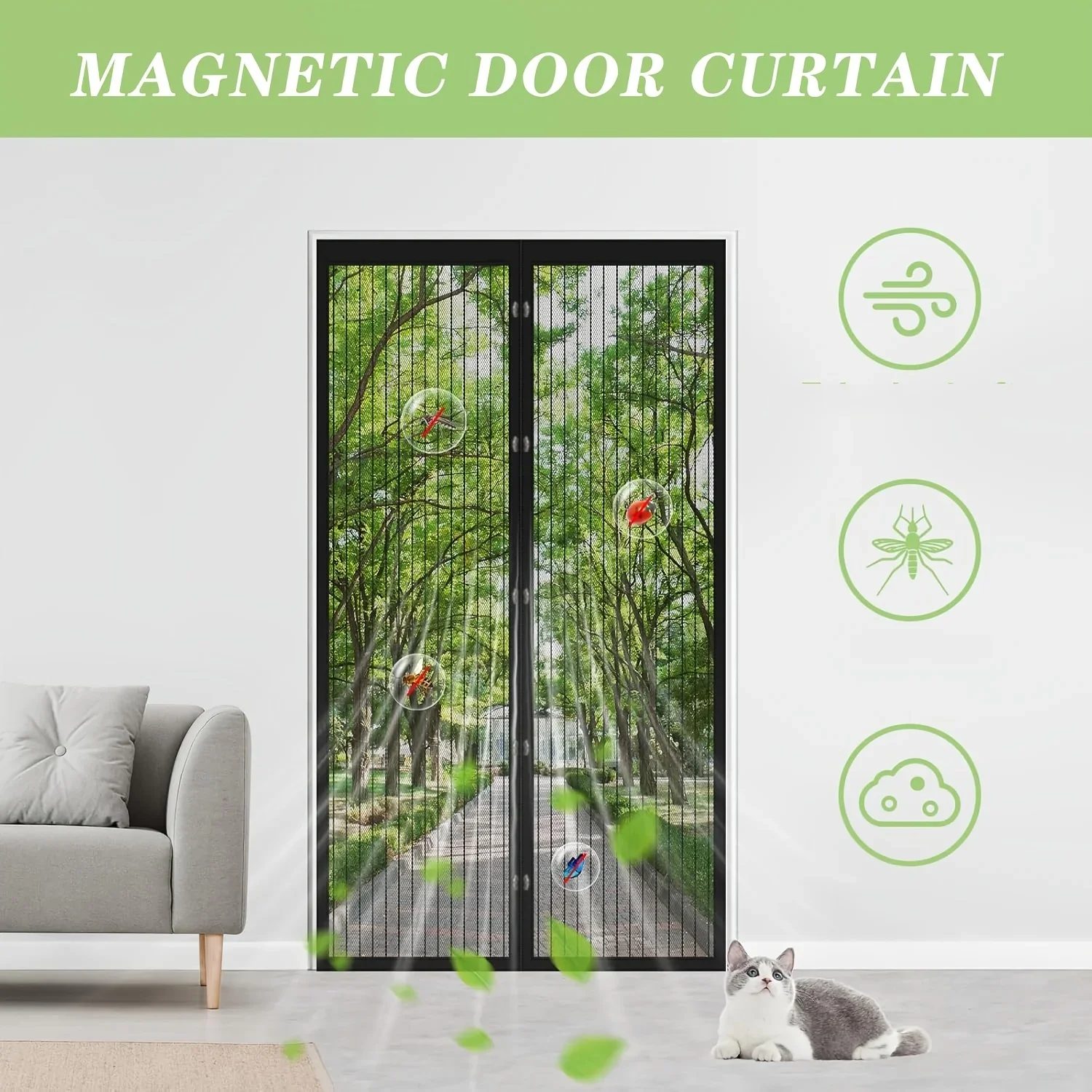 1PC Magnetic Mesh Door Curtain - No Drill Screen, Durable Polyester, Easy Install Home/Balcony/Patio