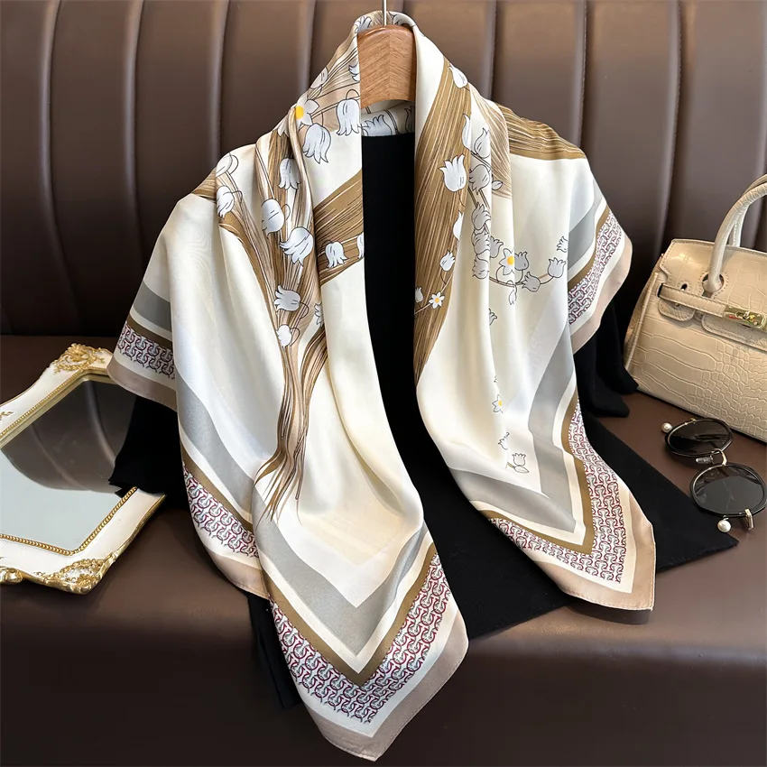 New Fashion Luxury Printing 90*90CM Women Scarf Satin Twill Square Big Shawl Elegant Headscarf Camellia Soft Neck Tie Bandana