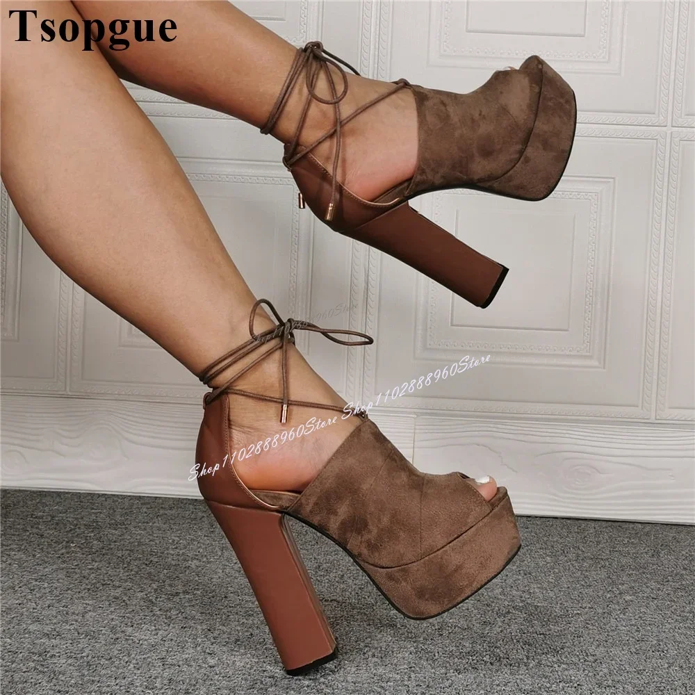 

Lace-Up Coffee Color Flock Leather Platform Sandals Chunky High Heel Women Shoes Peep Toe 2024 Fashionable Zapatos Para Mujere