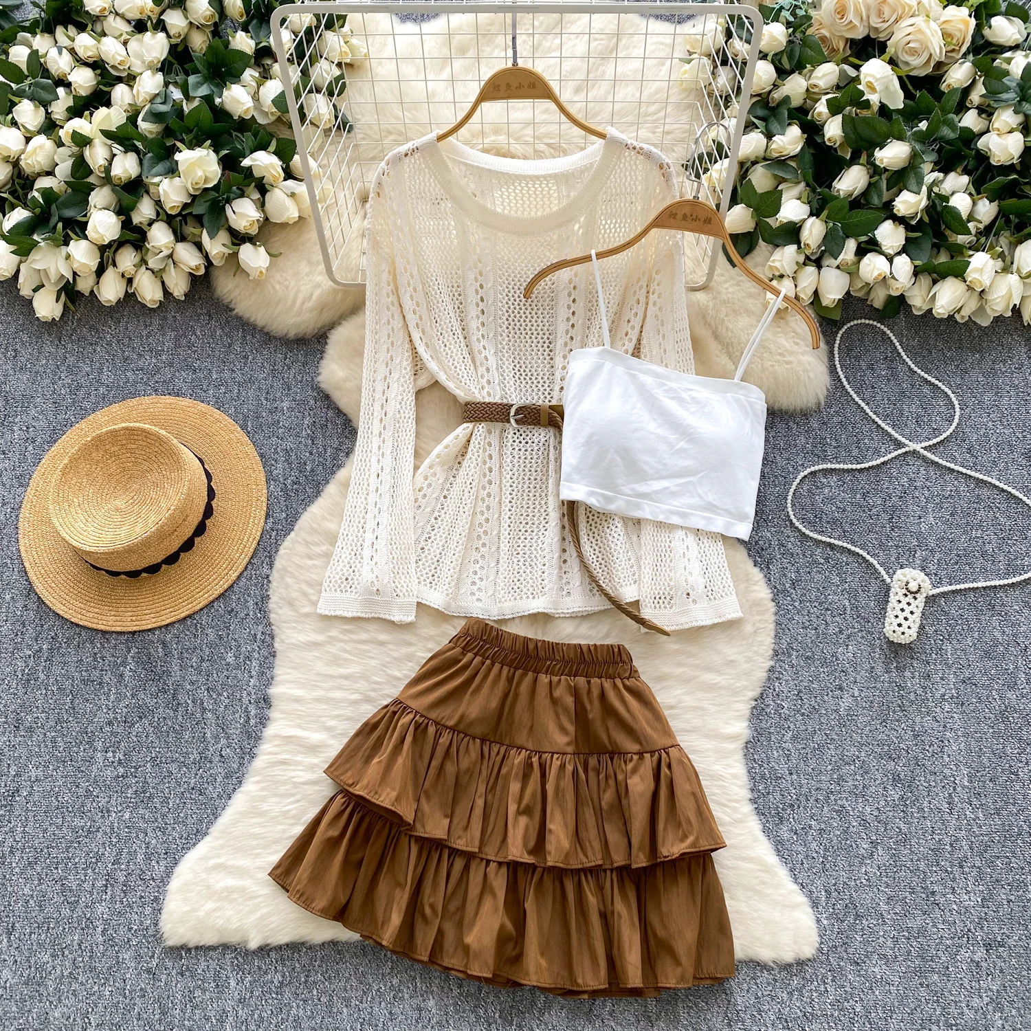 

Vintage Elegant long sleeve hollow out ruffle korean Fashion women clothing autumn dresses Two Piece Set