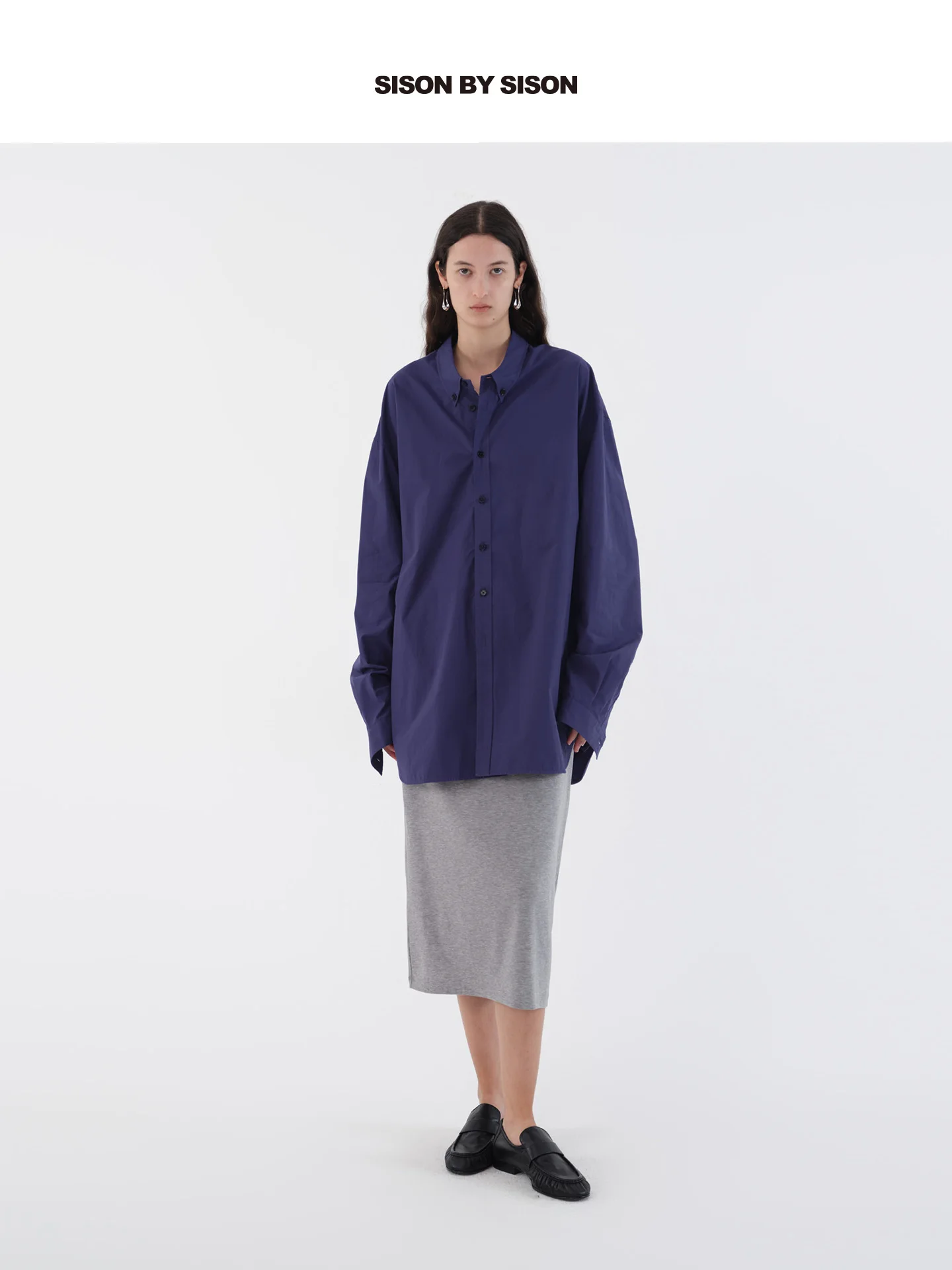 

Sison by Sison Blue Cotton irt Lazy Simple Boyfriend Sle Women's Casual Faion Long Sve Button up Breathable