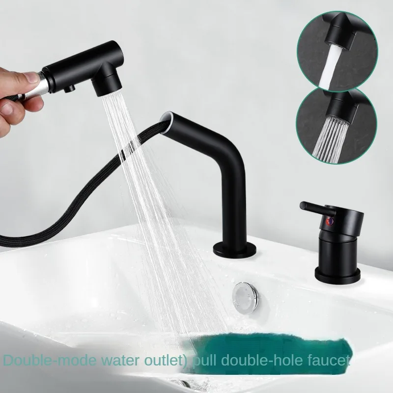 Bathroom split double hole pull-out basin faucet two-piece set toilet two-hole household washbasin hot and cold water faucet