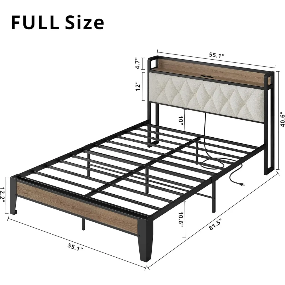 إطار سرير، لوح رأسي للتخزين مع قاعدة شحن، إطار سرير بمنصة مع دعم معدني قوي، قوي ومستقر