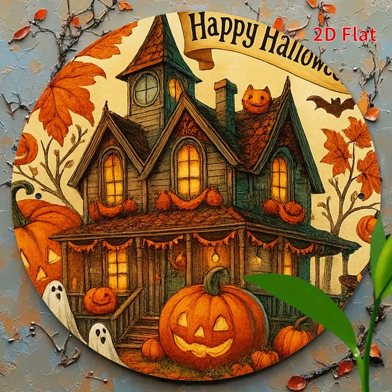 CIFBUY 1pc Vintage Halloween Pumpkin House Metal Tin Sign,2D Flat Laser Cut Art,8x8 Inch Aluminum Wall Decor