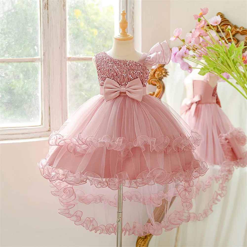 Girl Sequins Bow Mesh Trailing Skirt Ball Gown Elegant Princess Wedding Childrens Birthday Party Piano Performance Costume
