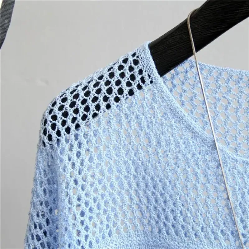 2024 freizeit Weiß Aushöhlen Mesh Top Frauen Dünne Gestrickte Pullover Lose Sommer Klimaanlage strickwaren Pull Femme Flut