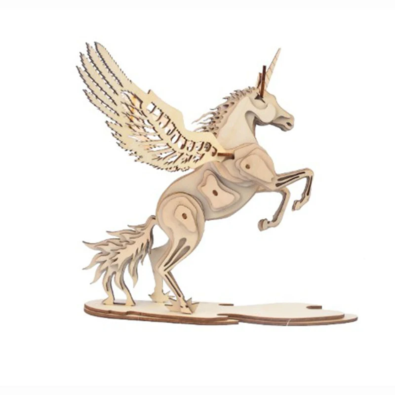 3D Wooden Unicorn Puzzle para crianças, jogo artesanal, brinquedos criativos, presentes DIY, P117