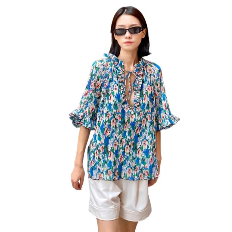 

Spring Design Sense Chiffon Necklace Tie Sexy Ruffled Sweet Floral Vintage Fashion Tops Butterfly Half Sleeve For Female Blouses