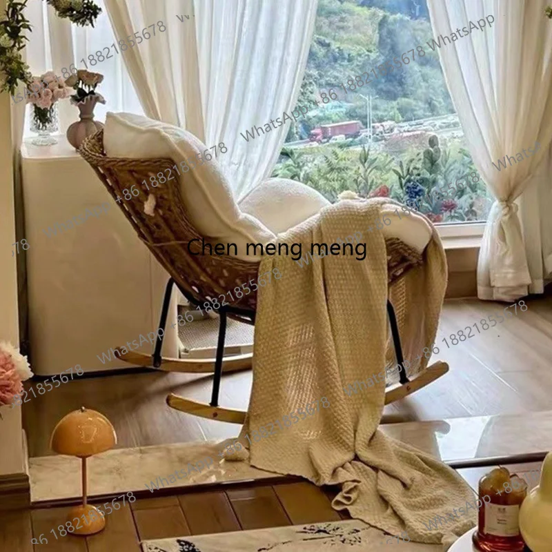 Retro Rattan Rocking Chair for Living Room Balcony Comfortable Wide Seat Relaxing Chair Modern Home Interior Accent Lounge