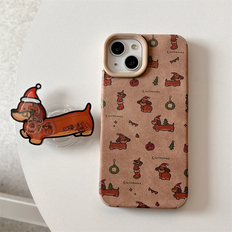 Cartoon Dog Christams Stand Phone Case For iPhone 16 Pro 14 12 13 Pro Max Cover with Holder Silicone Cases For Apple 15 Pro Capa