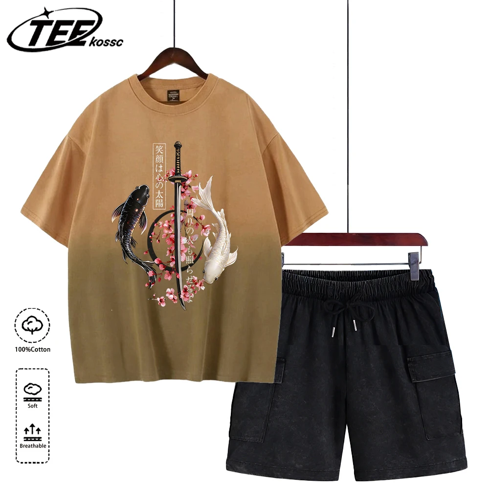

Черно-белый комплект мужских шорт и футболок с принтом «Цветущая сакура» и «Сабля», мягкие футболки с эффектом тай-дай, летний хлопковый топ, модный повседневный комплект с коротким рукавом