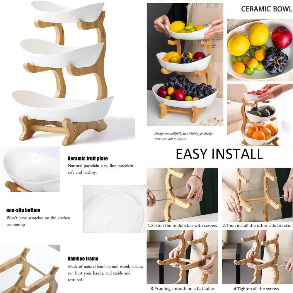 

3-Tier Ceramic Fruit Bowl on Bamboo Stand - Kitchen Counter Storage for Fruits, Snacks, Desserts