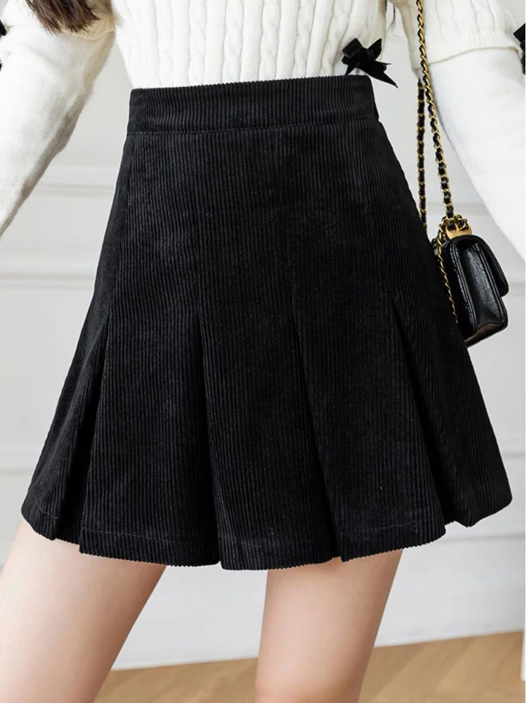เกาหลี Retro Corduroy จีบกระโปรงผู้หญิงสูงเอวกระโปรงมินิเซ็กซี่ฤดูใบไม้ร่วงฤดูหนาว Preppy สไตล์หญิงหวาน Elegant กระโปรงสาย