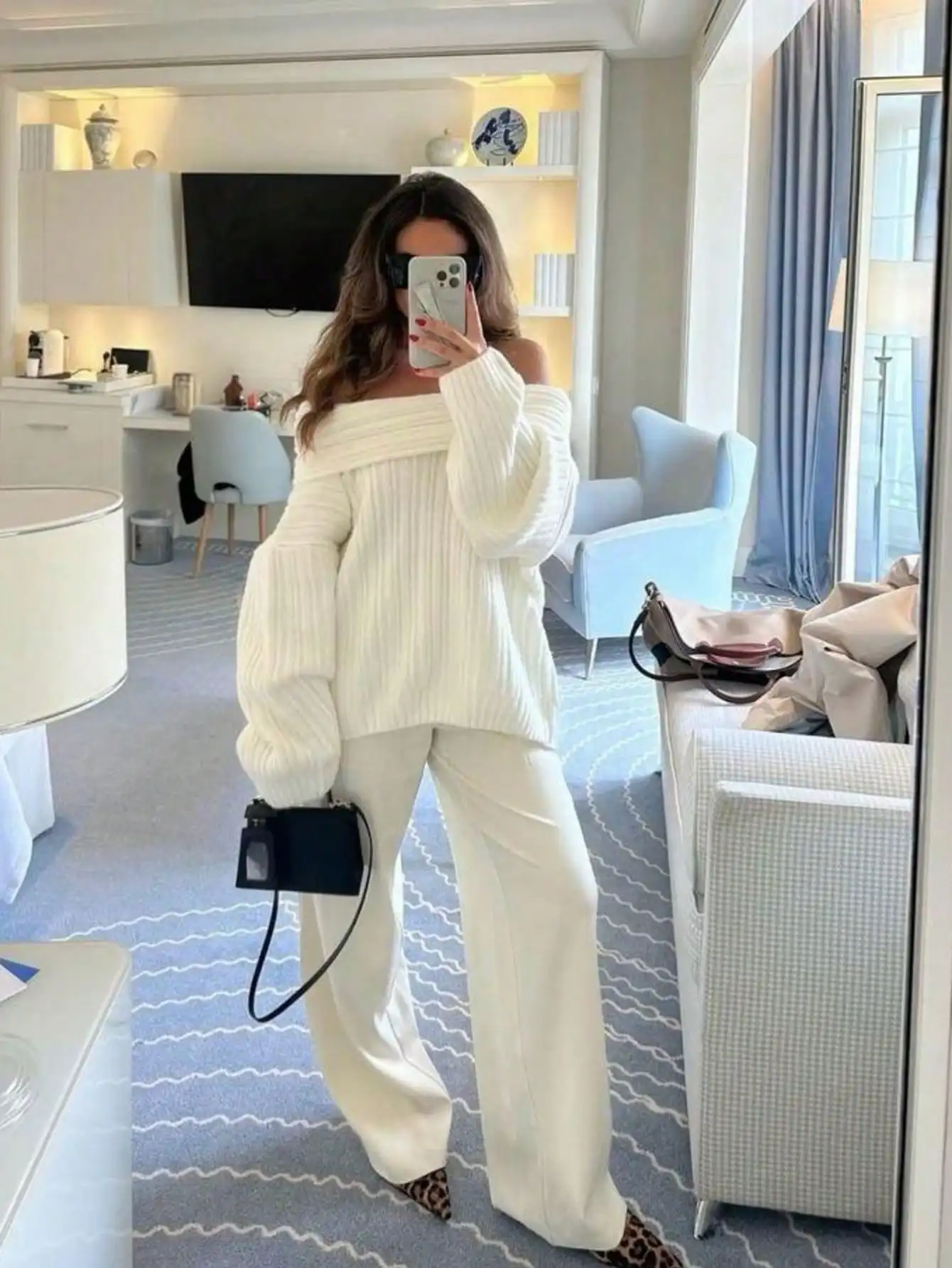

Women's Off Shoulder Ribbed Knit Sweater Loose Fit Solid White for Autumn Winter