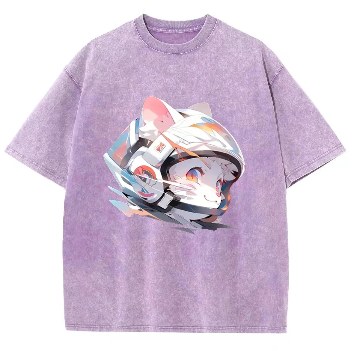 2024 Summer New Women's Short Sleeve Oversized Cute Cat Print Wash Denim Unisex T-Shirt Casual Retro Wear Cool