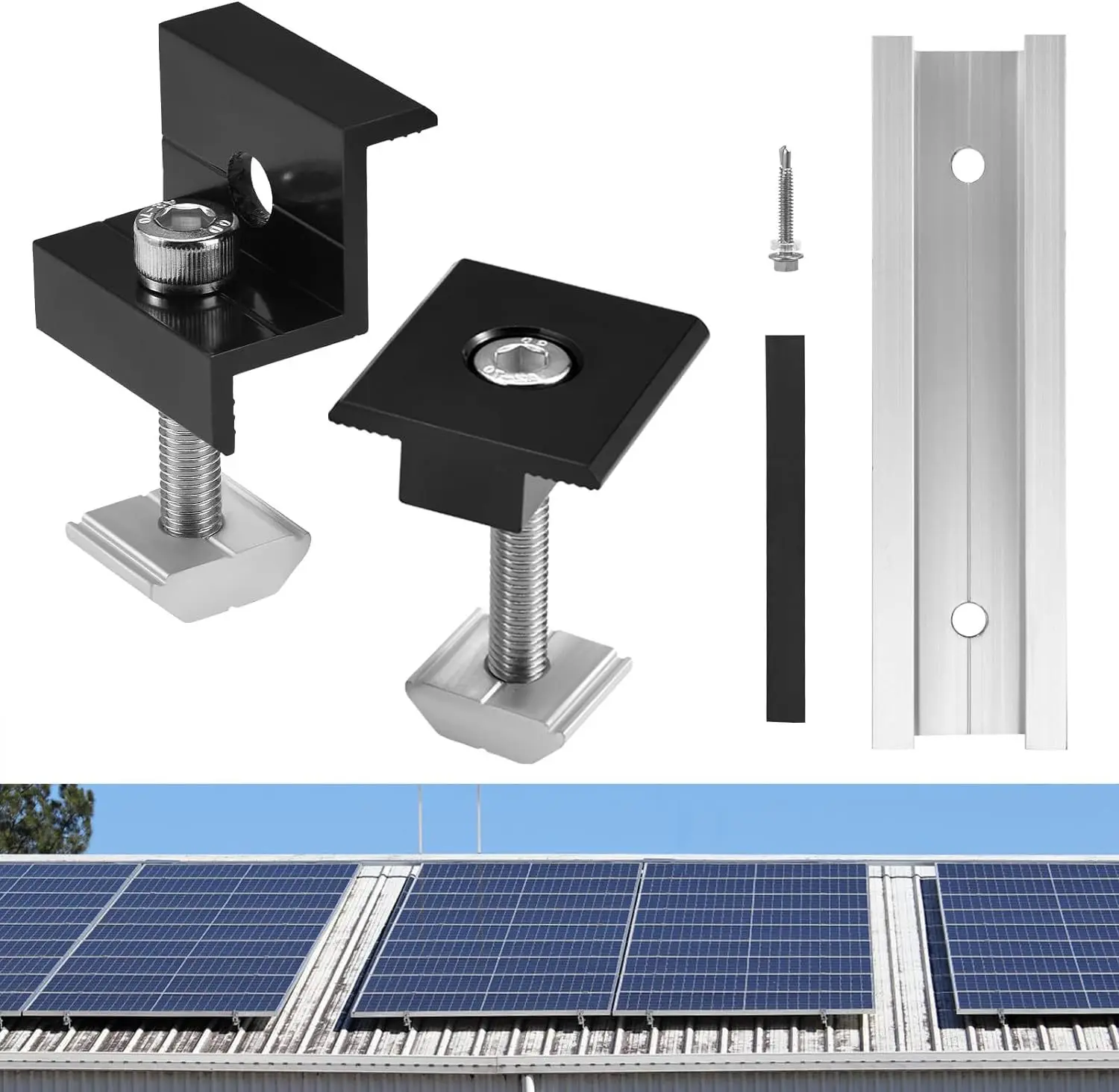 

8/12pcs Solar Panel Bracket Aluminum PV Rail Fastening Module Trapezoidal Roof Mount Solar Rail End And And Middle Clamps