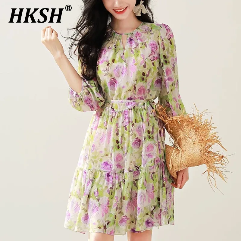 

HKSH Summer New Women Ins Vacation Style Fashion Elegant Sweet Three Quarter Sleeve High-End French Draped Floral Dresses HK6220