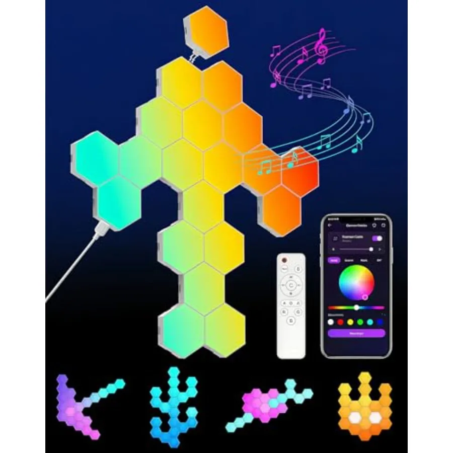 

Светодиодные шестиугольные панели RGB с синхронизацией музыки, управлением через смарт-приложение и пультом ДУ, модульные светильники для игровой комнаты и спальни
