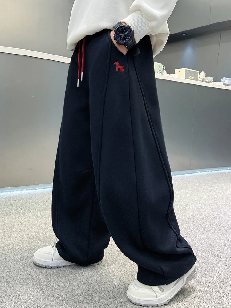 厚みのあるフリース子供用スポーツパンツ冬用ストレートレッグ伸縮性ウエストカジュアルロングパンツ男の子中学生用