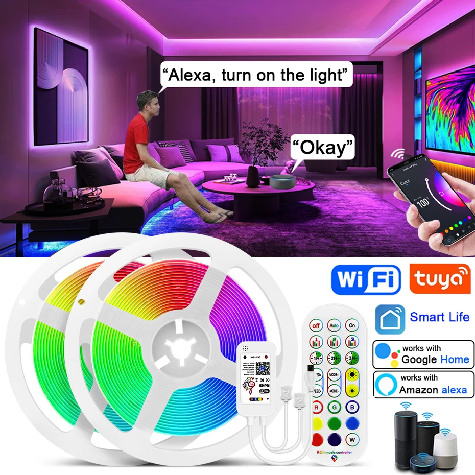 

Светодиодные ленты 3M 5M 10M Tuya WiFi 24V RGB COB 840 светодиодов/м Bluetooth пульт дистанционного управления Гибкая RGB Светодиодная лента клей Cob для комнаты